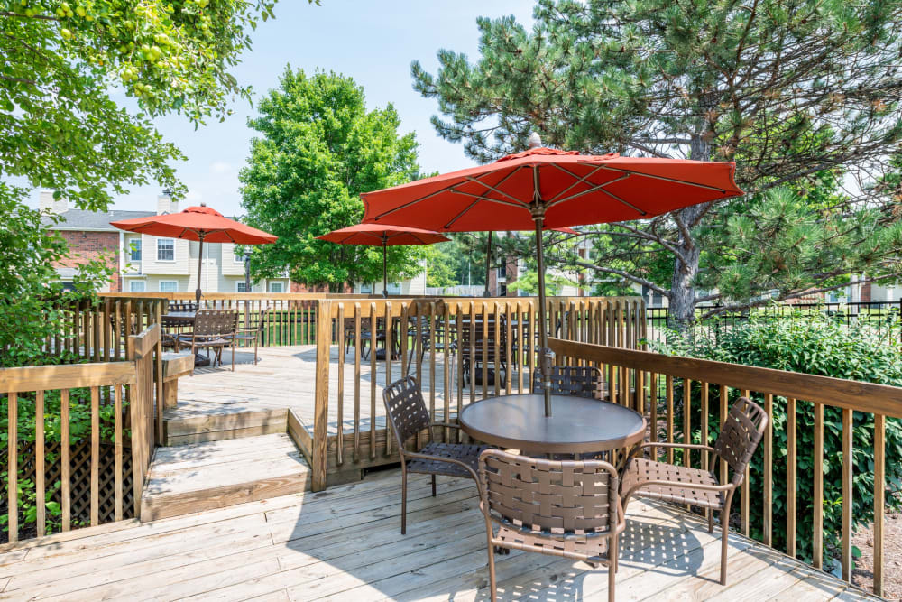 Shaded outdoor seating at Hickory Creek in Columbus, Ohio