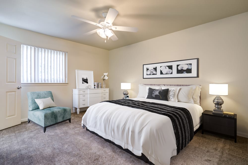 A furnished bedroom in a home at Carl Vinson Park in Lemoore, California