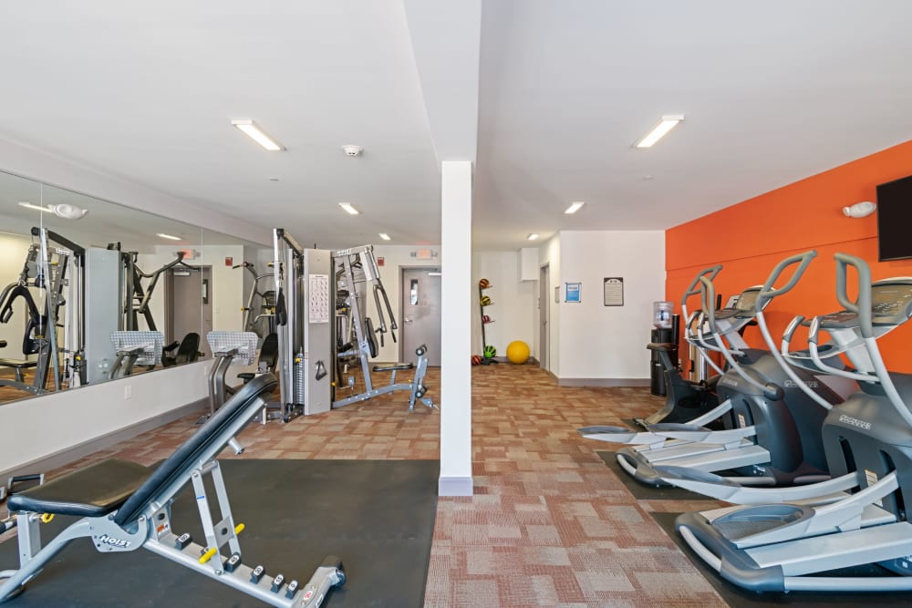 Aerobic equipment in fitness Center at ONE23 Apartments in Union City, New Jersey