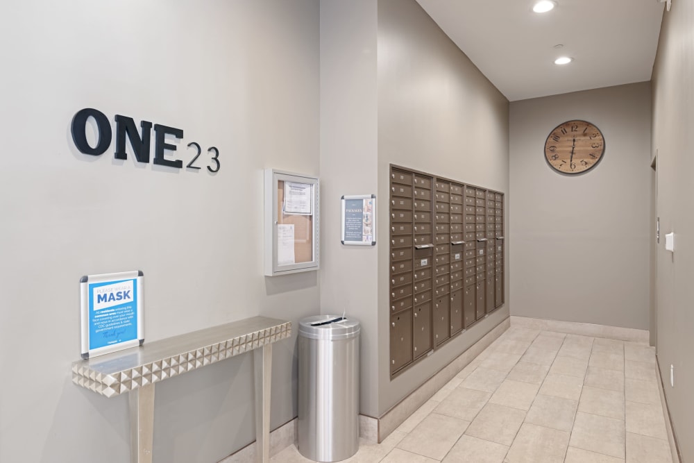 Mail lockers at ONE23 Apartments in Union City, New Jersey