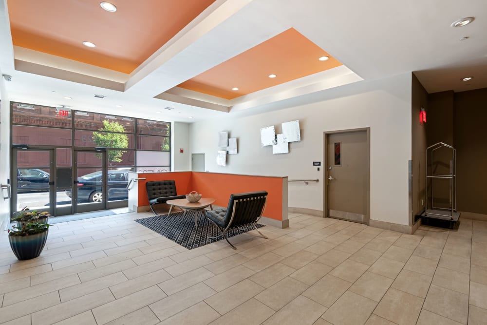 Front entrance interior at ONE23 Apartments in Union City, New Jersey