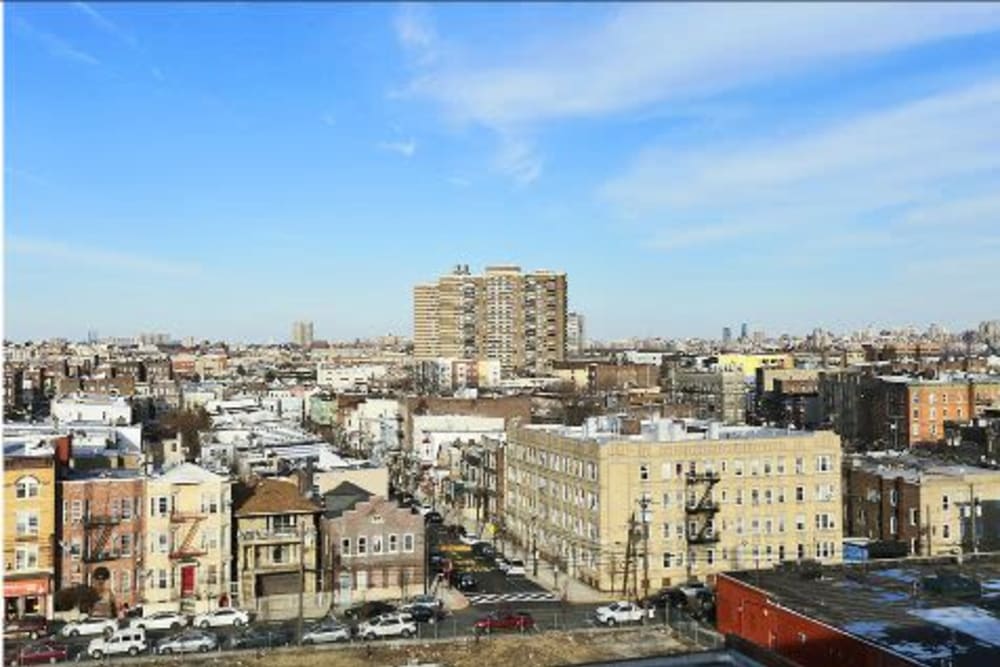 Rooftop view of skyline at ONE23 Apartments in Union City, New Jersey