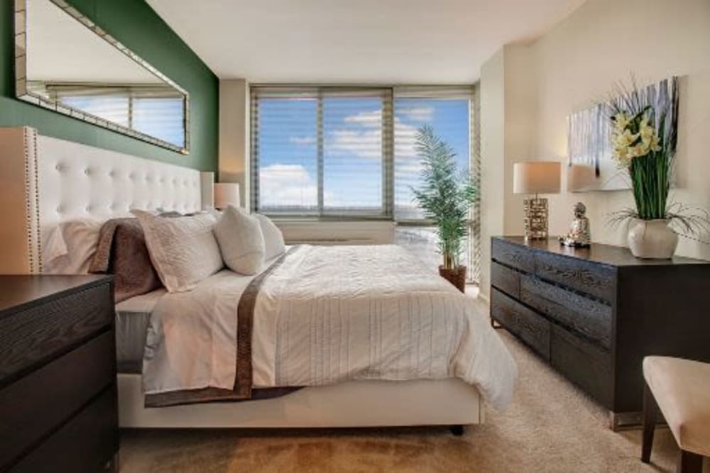 Decorated model bedroom at Skyline New Rochelle in New Rochelle, New York
