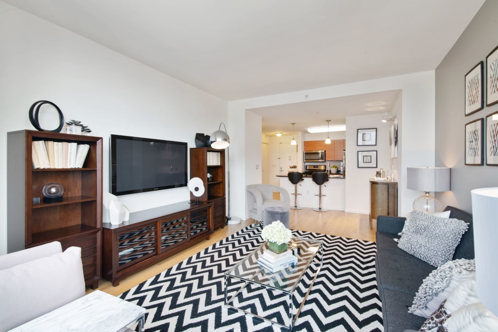 Decorated model living room at Skyline New Rochelle in New Rochelle, New York