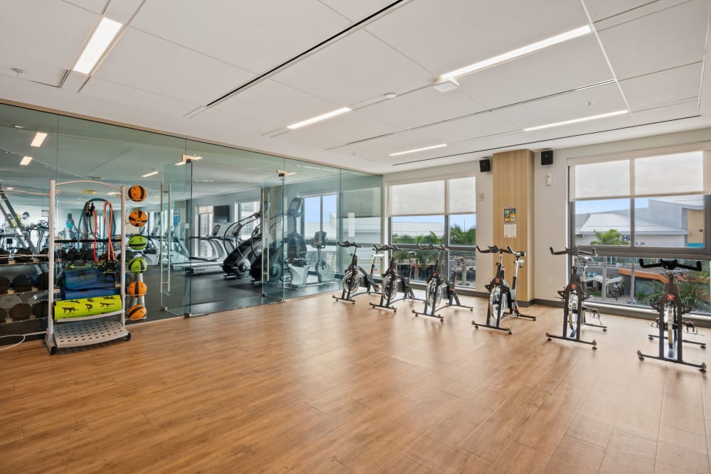 Stationary bikes in fitness Center at The Flats in Doral, Florida