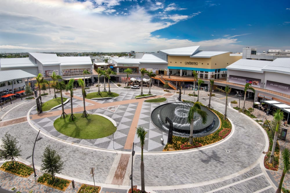 Aerial view of complex roundabout at The Flats in Doral, Florida