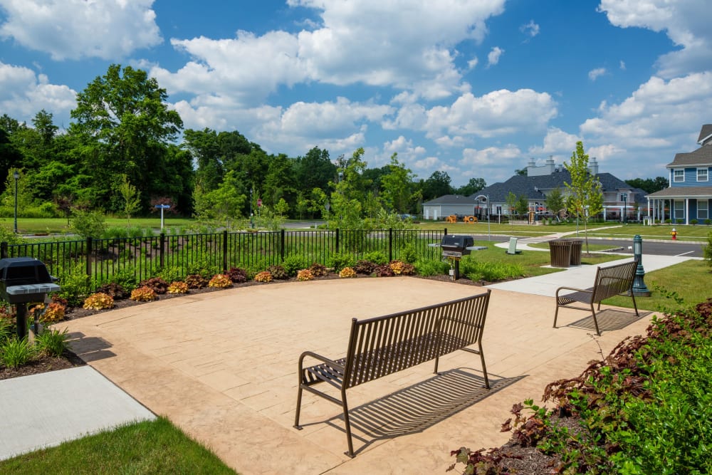 Outdoor benches with a view at The Grove Somerset in Somerset, New Jersey