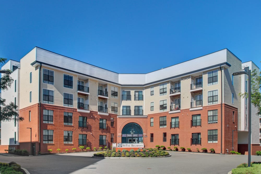 Exterior view of apartment complex at The Royal Belmont in Belmont, Massachusetts