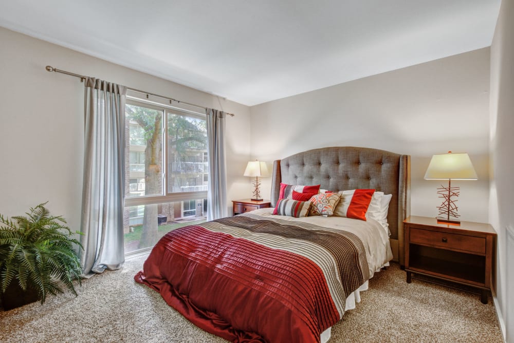 Well lit model bedroom at Westchester West in Silver Spring, Maryland