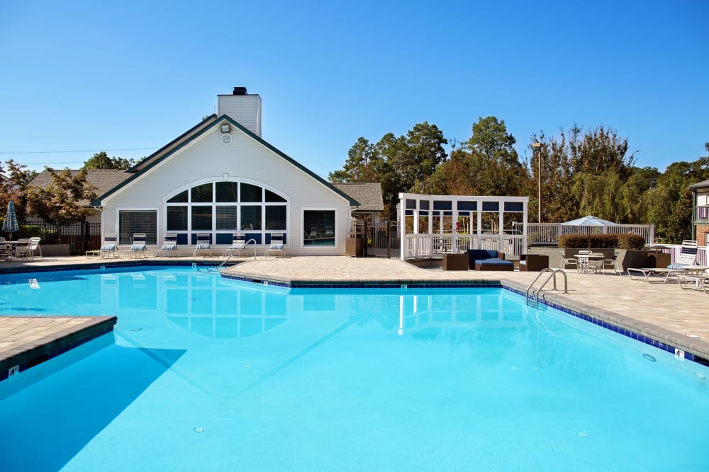 View of clubhouse from pool at Woodlake Reserve in Durham, North Carolina