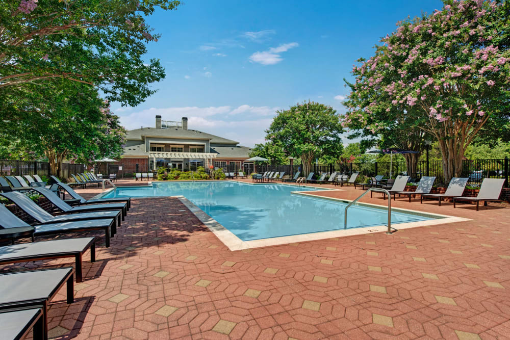 Lounge chairs poolside at Woodway at Trinity Centre in Centreville, Virginia