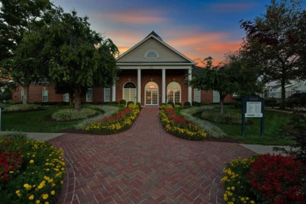 Leasing office exterior view during sunset at Dulles Greene in Herndon, Virginia