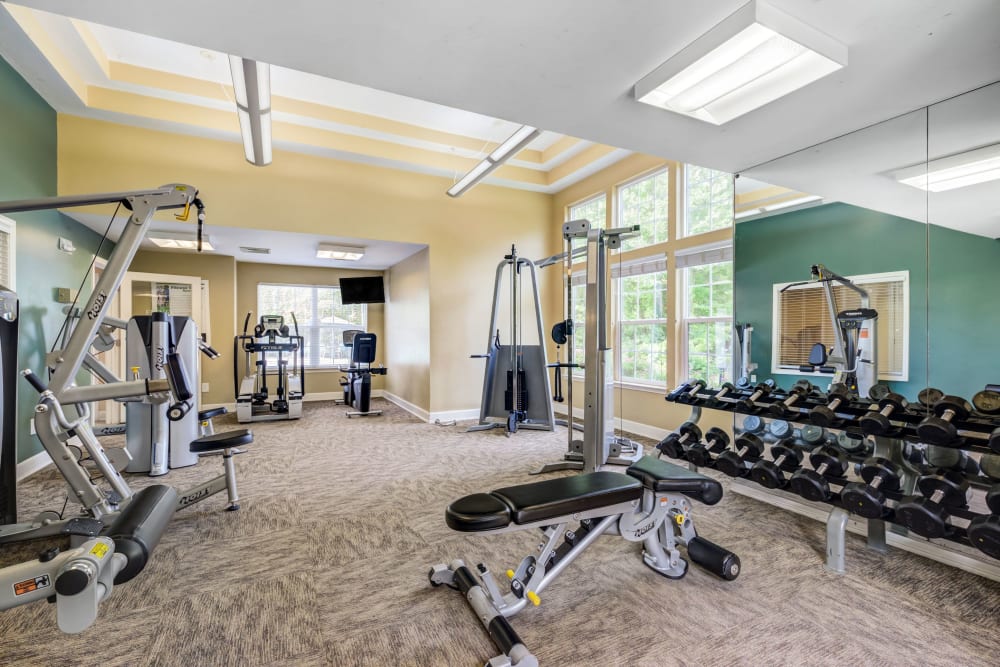 Free weights in fitness Center at The Commons At Haynes Farm in Shrewsbury, Massachusetts