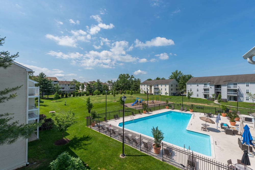 Aerial view of pool at The Landings I & II Apartments in Alexandria, Virginia