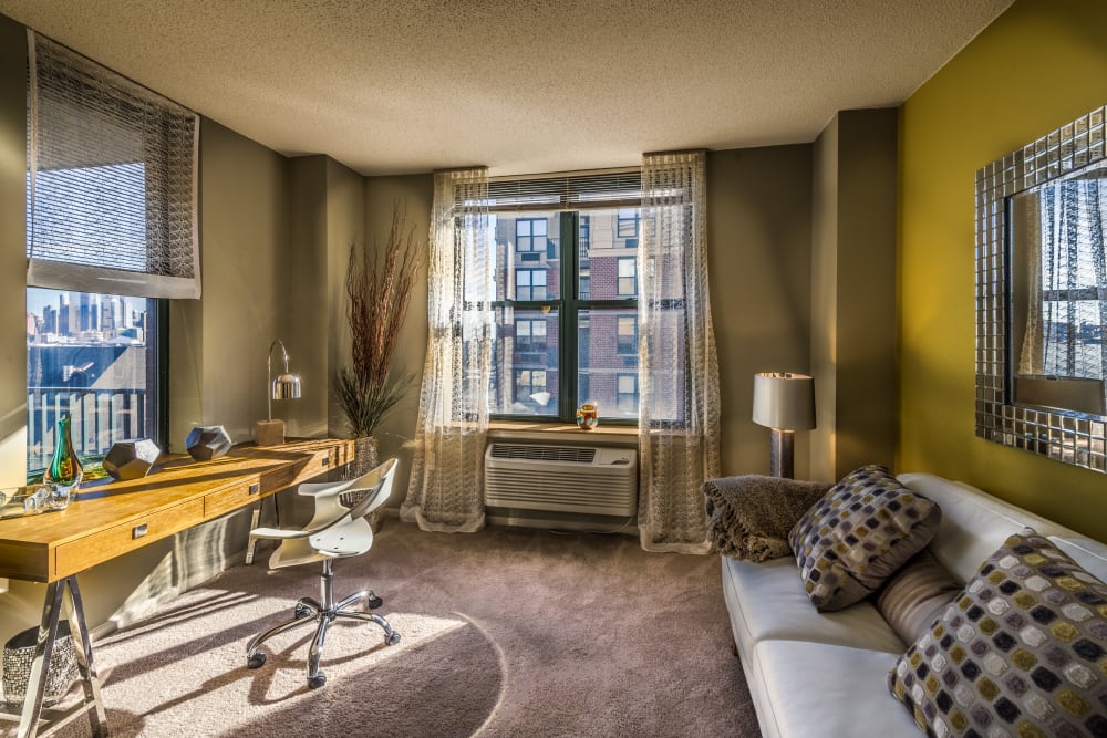 Beautiful living room at Riverbend at Port Imperial in West New York, New Jersey