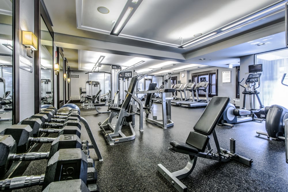 Fitness center with dumbbell rack at 55 Riverwalk Place in West New York, New Jersey