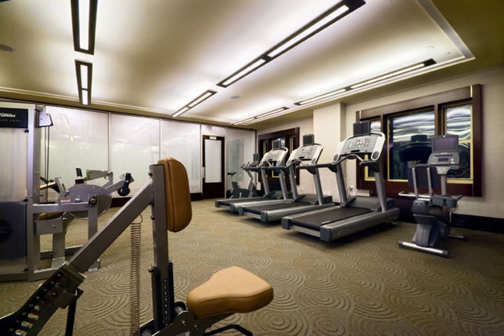 Community gym with treadmills at 55 Riverwalk Place in West New York, New Jersey