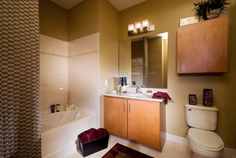 Spacious model bathroom at 55 Riverwalk Place in West New York, New Jersey