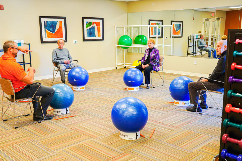 Residents in exercise class at Harmony at Harts Run in Glenshaw, Pennsylvania