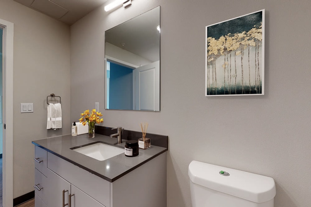 Bathroom with modern details at Art District Flats in Denver, Colorado