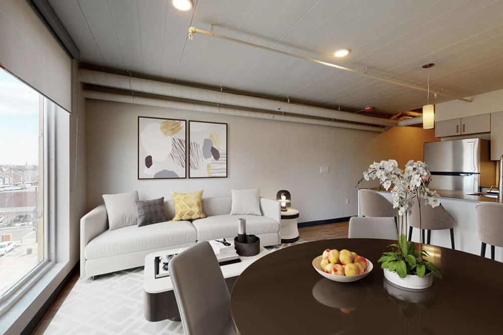 Open living room with natural light at Art District Flats in Denver, Colorado