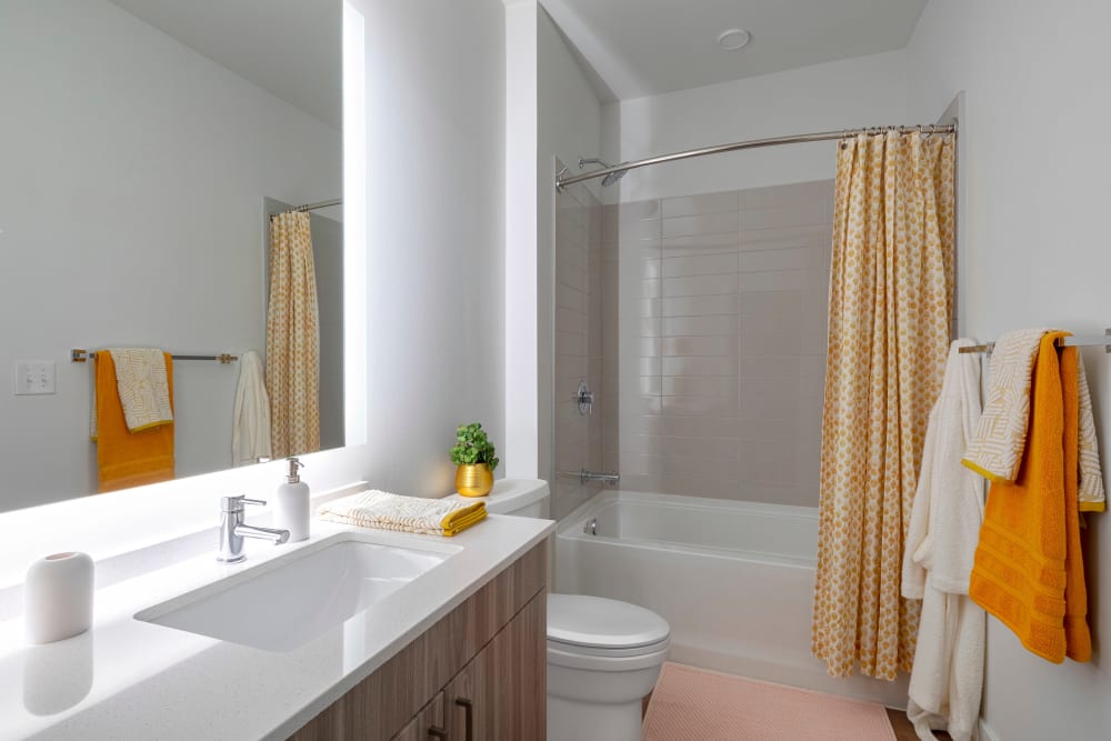 Brightly decorated model bathroom with great storage at Everly in Largo, Maryland