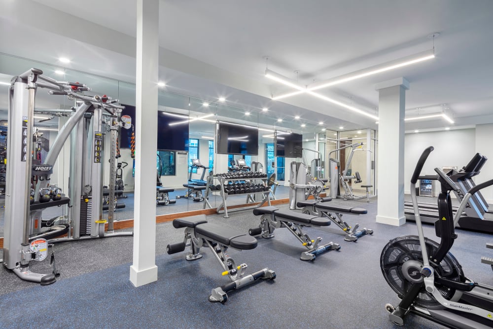 Fully equipped fitness center at Everly in Largo, Maryland