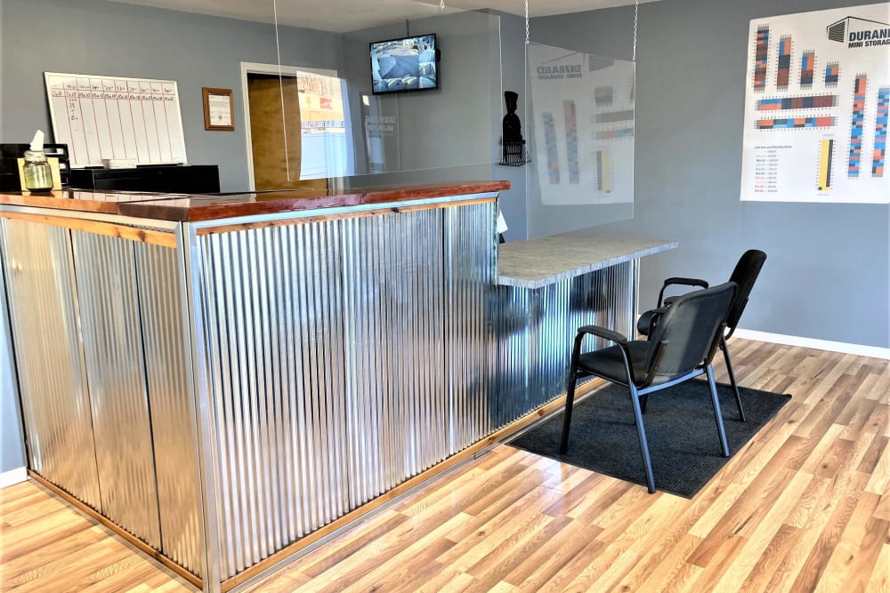 The front desk in the leasing office at 1-800-Self-Storage.com in Durand, Michigan