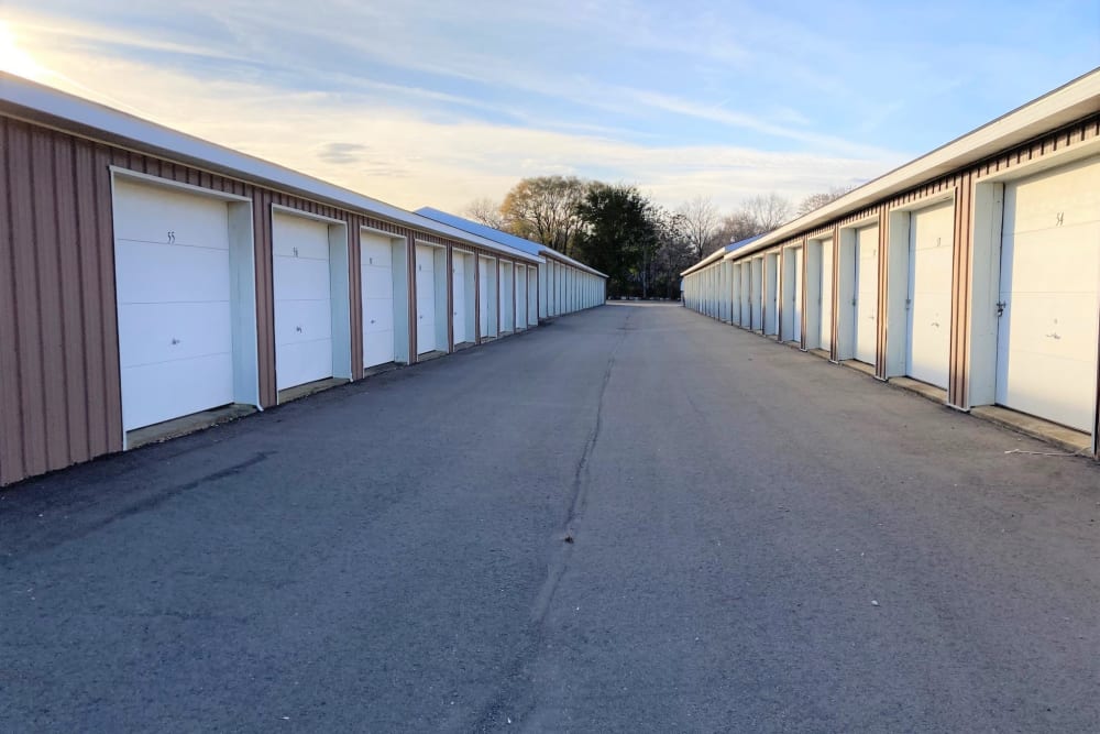 Wide driveway between outdoor units at 1-800-Self-Storage.com in Durand, Michigan