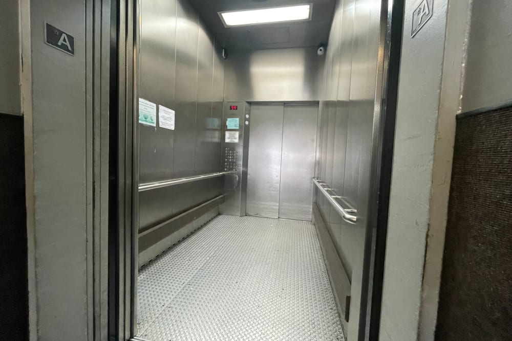 An elevator with its doors open at Los Angeles Self Storage in Los Angeles, California