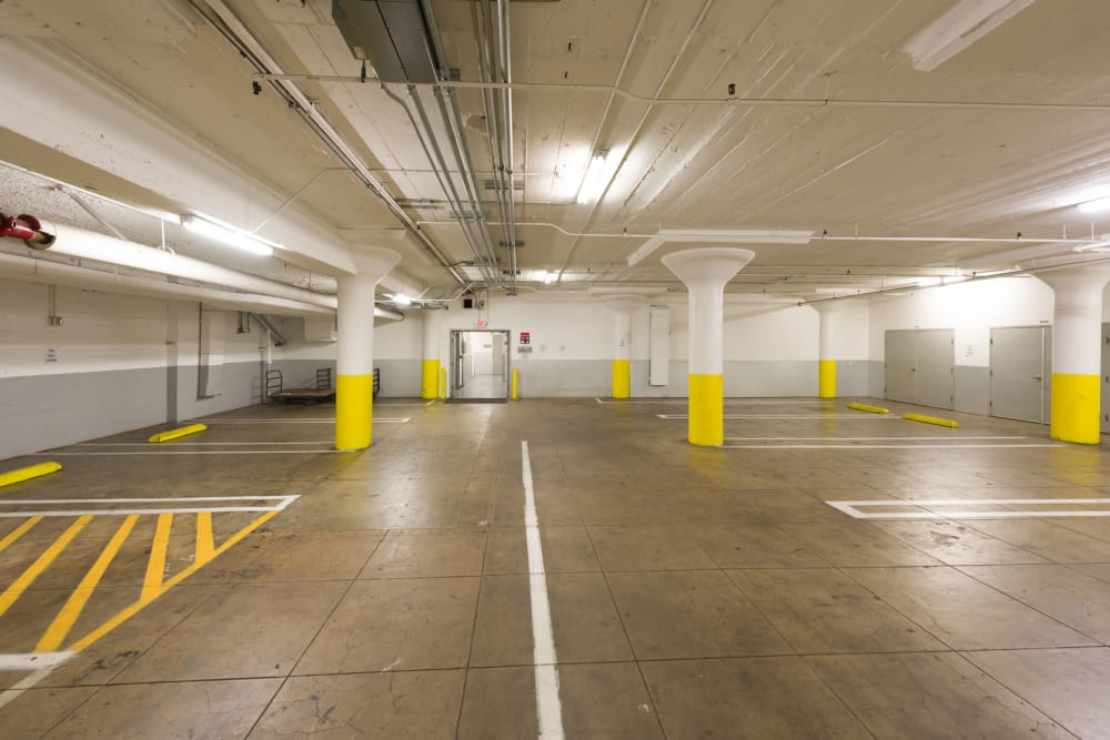 Upper level of the indoor parking lot at Los Angeles Self Storage in Los Angeles, California