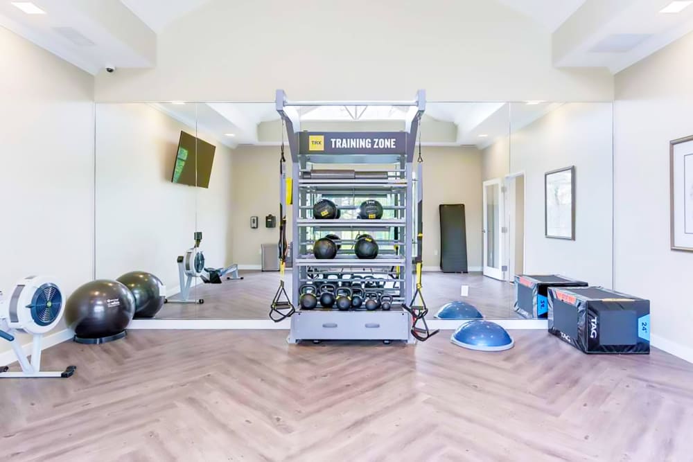 Community fitness area with medicine ball rack at Satyr Hill Apartments in Parkville, Maryland