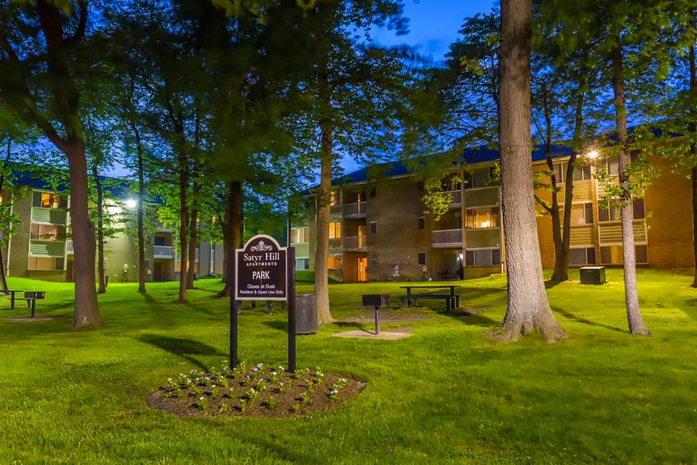 Outside of the apartment buildings at Satyr Hill Apartments in Parkville, Maryland
