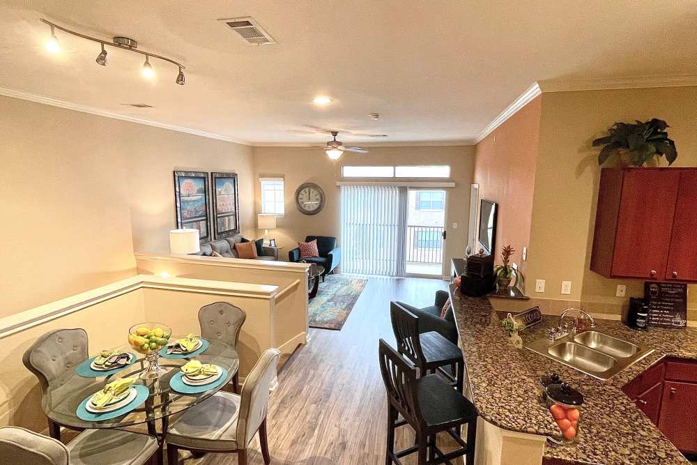 Model kitchen with newer appliances at The Abbey at Stone Oak in San Antonio,Texas