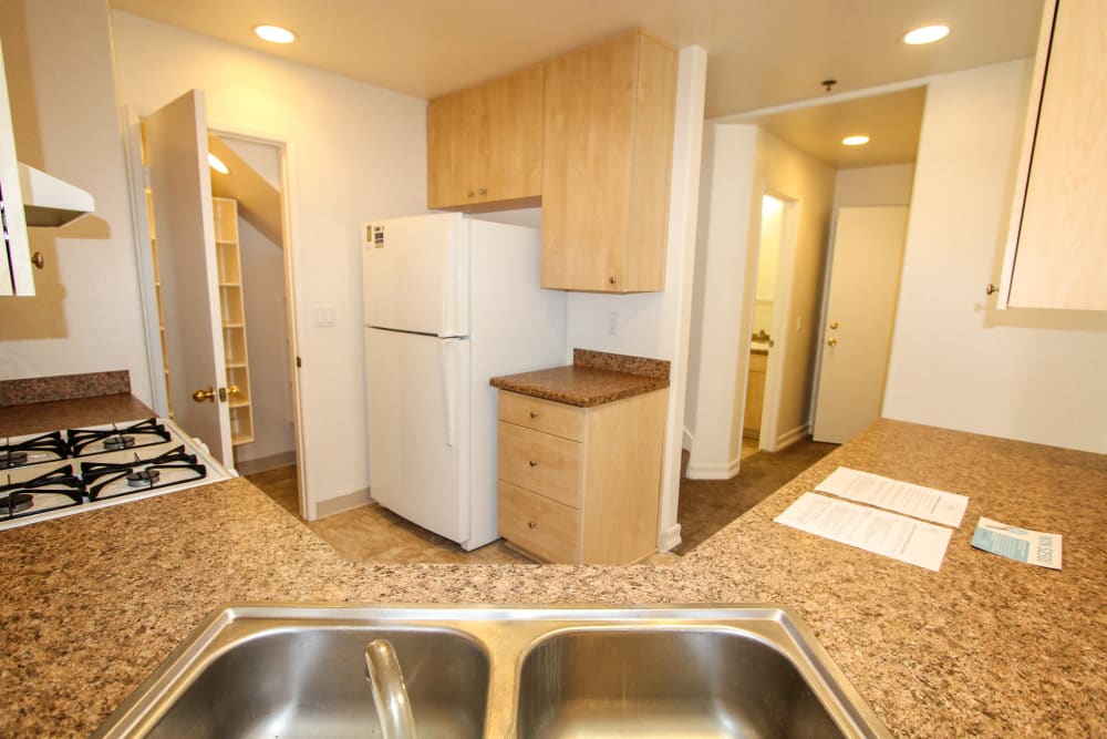 a fully equipped kitchen at River Place in Lakeside, California