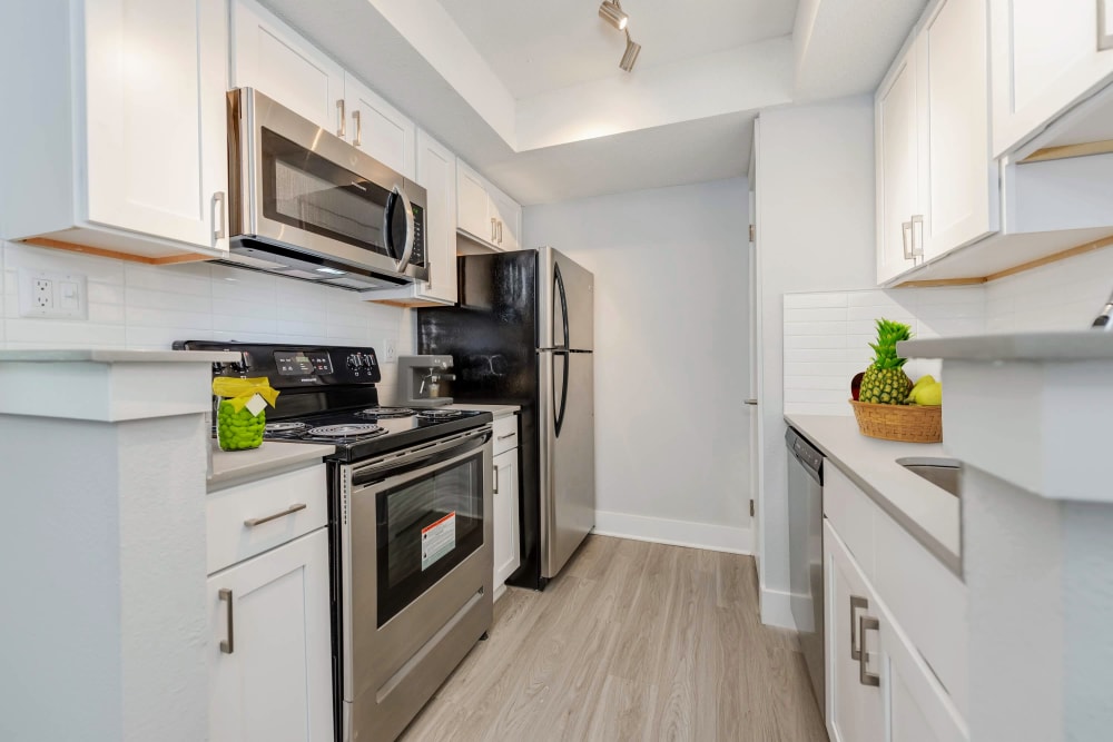 Model kitchen with stainless-steel appliances at Aria North Hills in Raleigh, North Carolina
