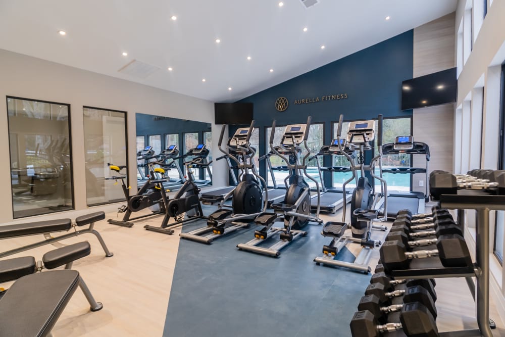 Well-equipped fitness center at Aurella Cary in Cary, North Carolina