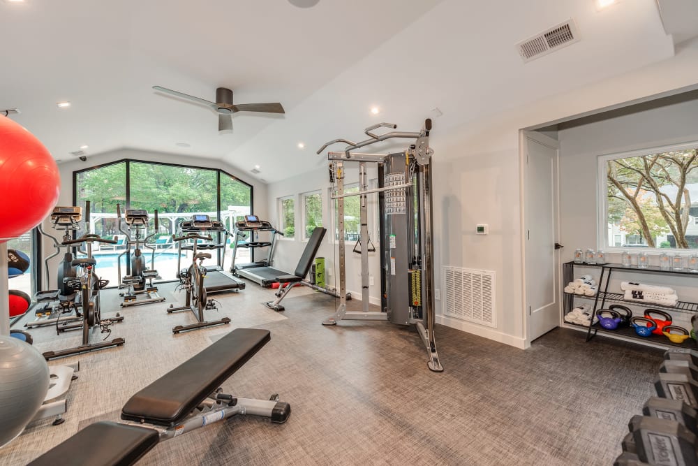 Spacious fitness center at Triangle Place in Durham, North Carolina