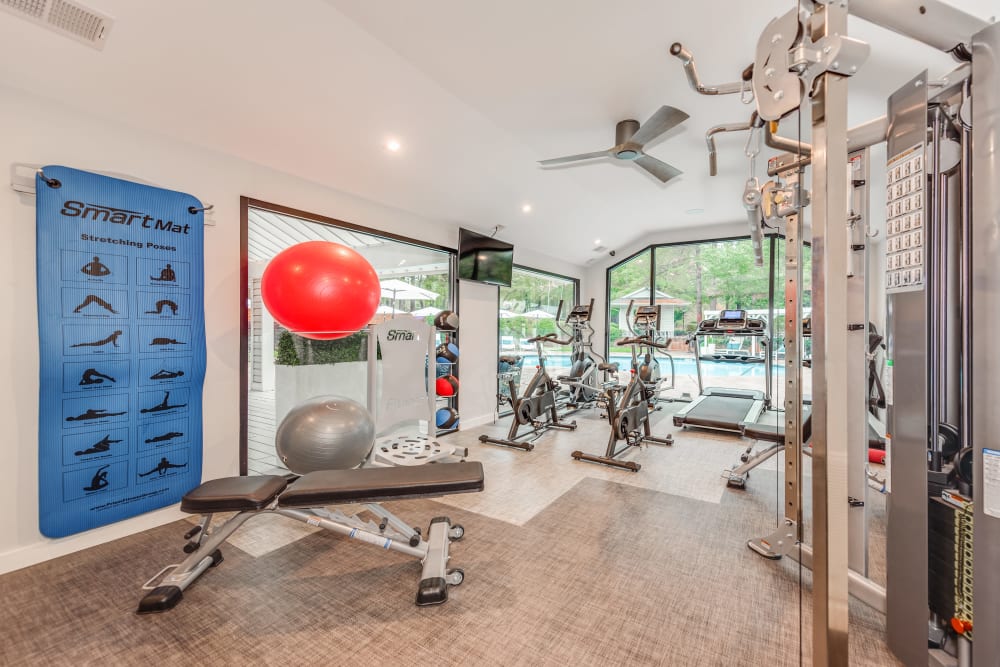 Well-equipped fitness center at Triangle Place in Durham, North Carolina