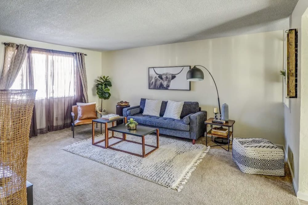 Cozy furnished living room in a model home at Gateway Village in Springfield, Oregon
