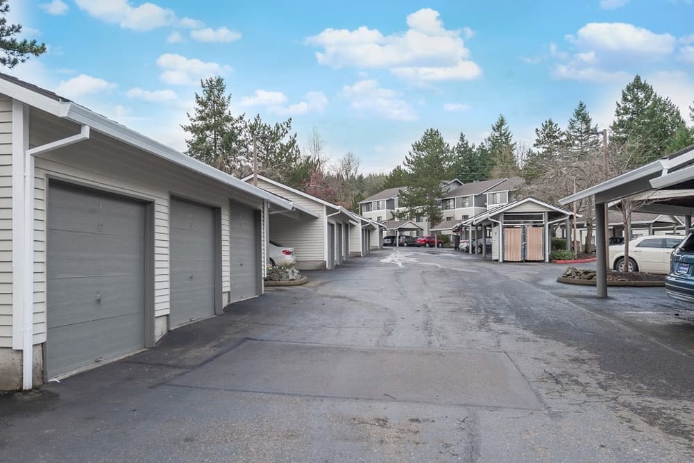 Garages and covered parking for residents at Oswego Cove in Lake Oswego, Oregon