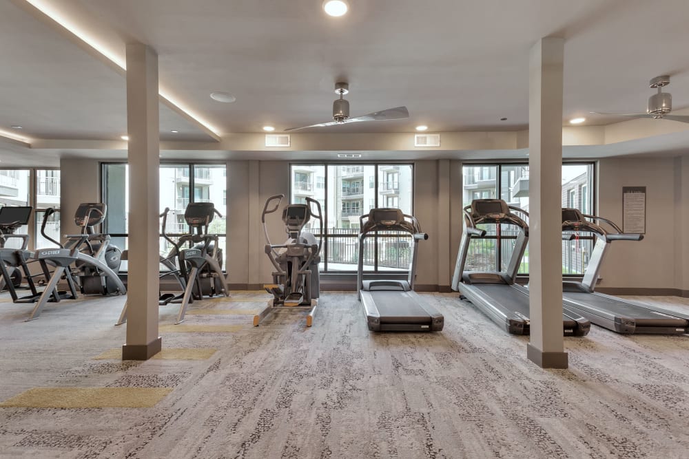 Well-equipped onsite fitness center at The Nash in Dallas, Texas
