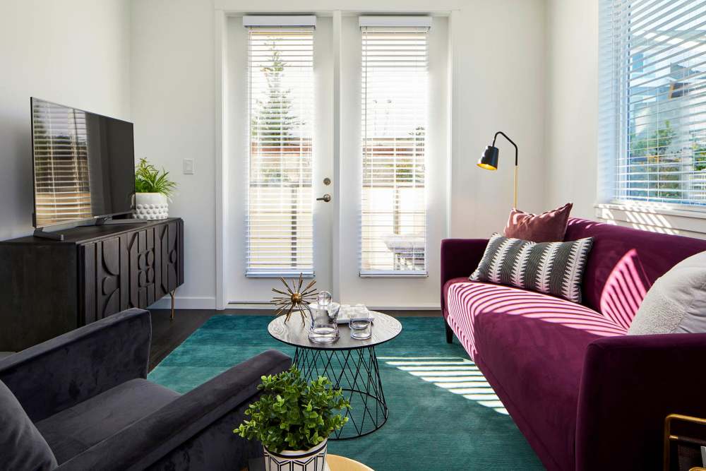 Living room with colorful rug at Ambrose in Bremerton, Washington