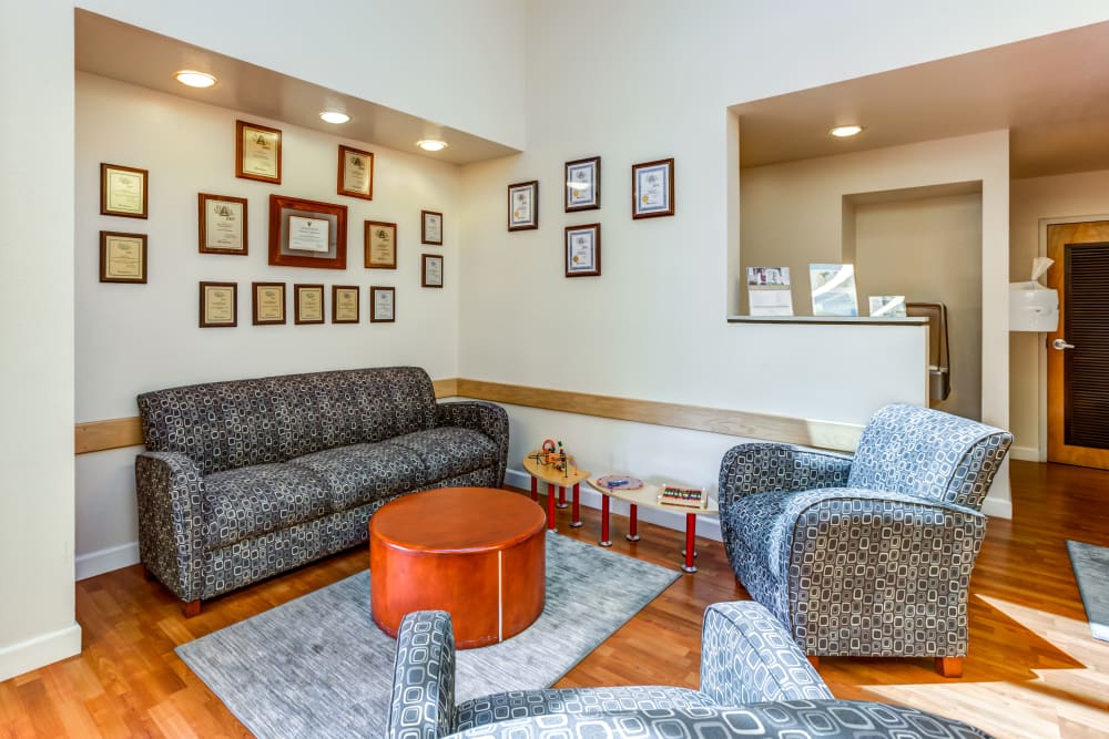 A furnished waiting area in the leasing office at Miramar Milcon in San Diego, California