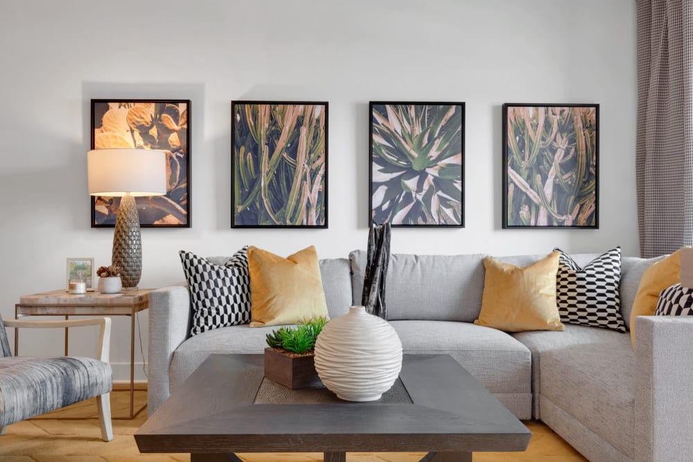 Model living room with eclectic decorations at Olympus Highlands North in Albuquerque, New Mexico