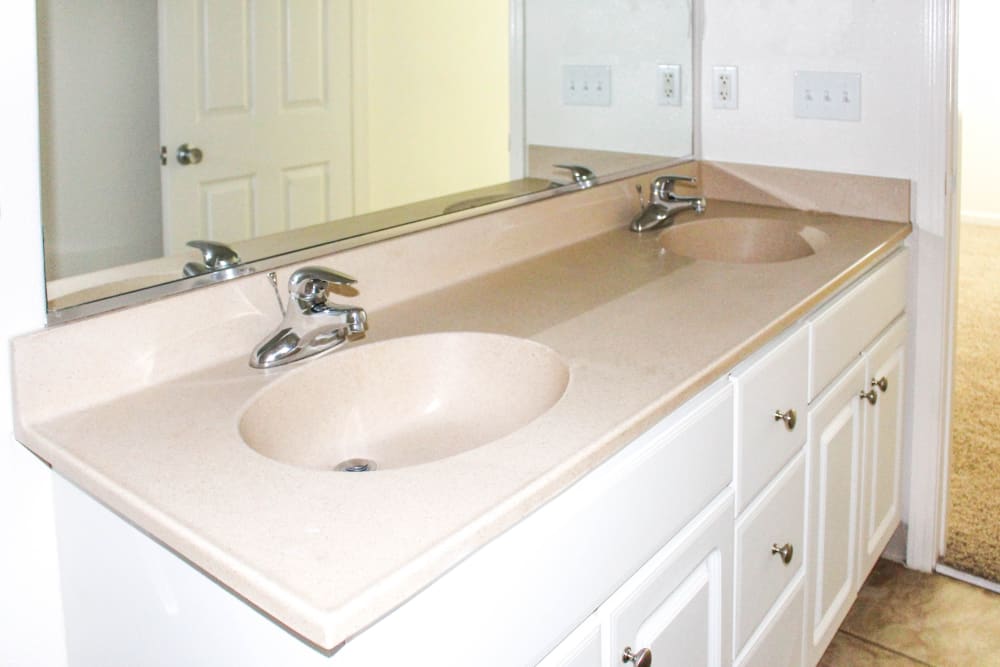 Countertop and sinks in a bathroom in a home at Canyon View in San Diego, California