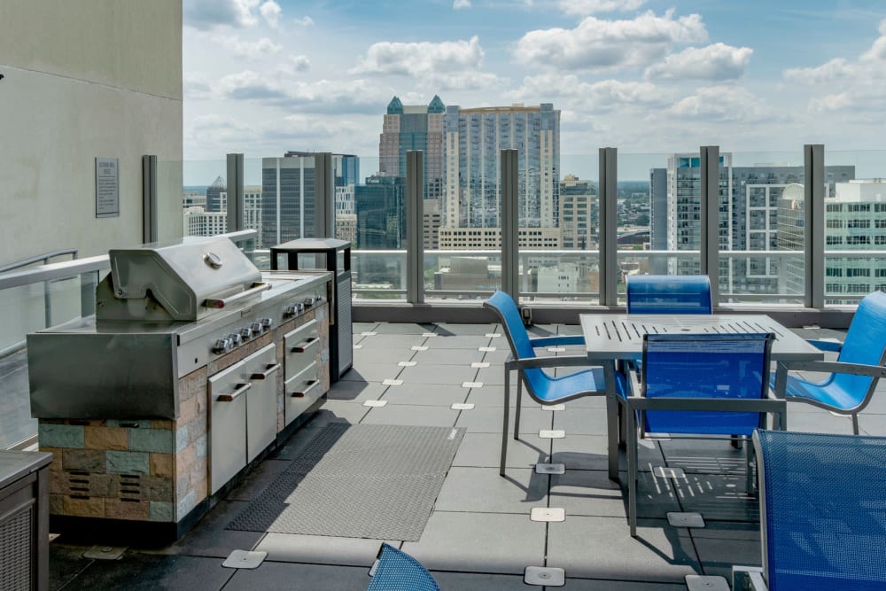 Gas grills at the rooftop barbecue area at CitiTower in Orlando, Florida