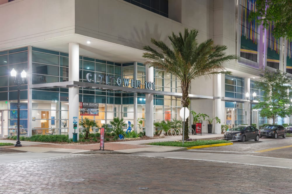 Dusk view of our community's exterior at street level at CitiTower in Orlando, Florida