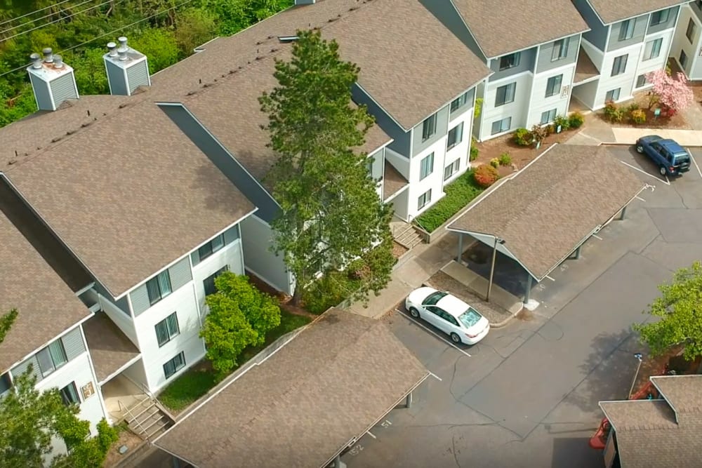 View of parking space from above at Oswego Cove in Lake Oswego, Oregon