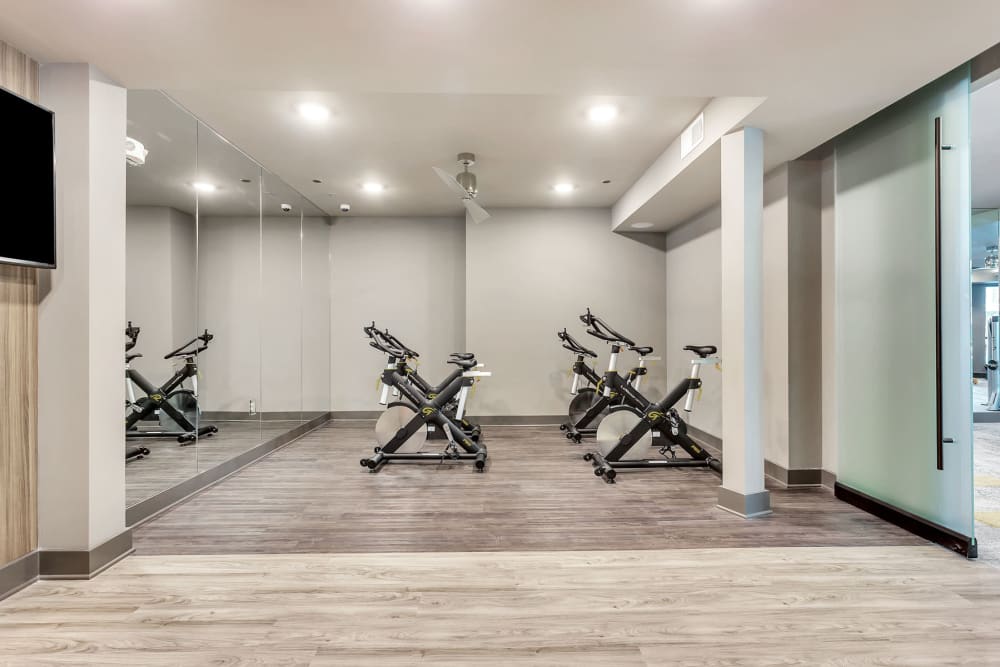 Cardio room in the fitness center at The Nash in Dallas, Texas